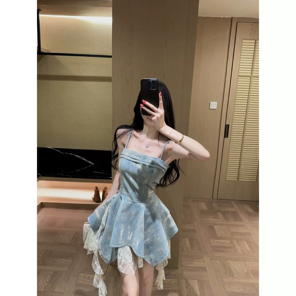 Zara Denim Lace Panel Ombre Asymmetric Spaghetti Strap Dress